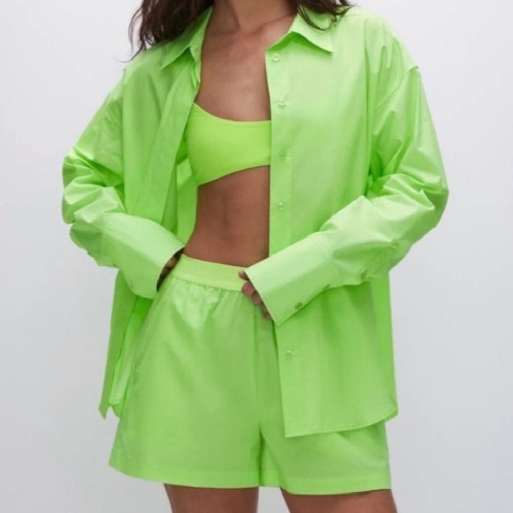 NWT GOOD AMERICAN Poplin Button Down Shirt Electric Lime Size 1/2